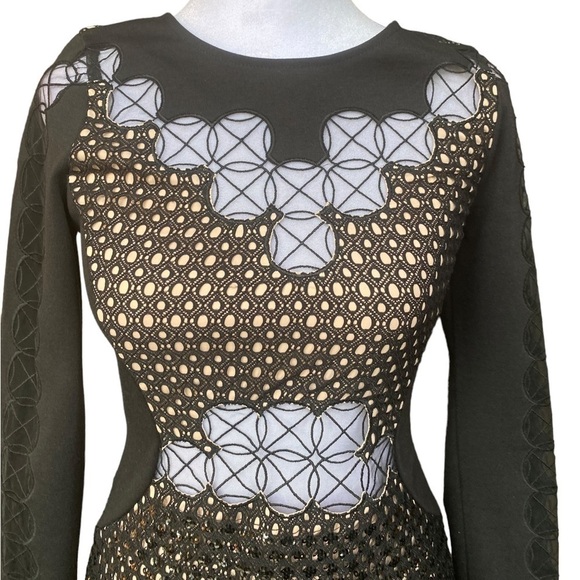 EXPRESS LONG SLEEVE BLACK AND TAN BODYCON MINI DRESS SIZE XS - Picture 2 of 6